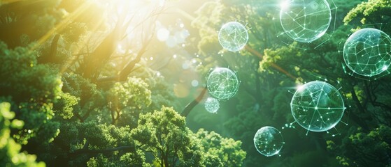 Obraz premium Abstract medical interfaces float above a lush forest, where virtual and physical realms merge, providing a unique, creative setting for science communication with ample copy space