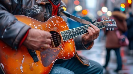 Obraz premium A street musician playing a guitar, with passersby stopping to listen in a busy urban setting