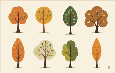 a group of trees with different colored leaves