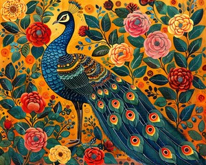 Obraz premium Madhubani art peacock, Bharni style, surrounded by vivid and colorful roses, regal pose, intricate patterns, colorful