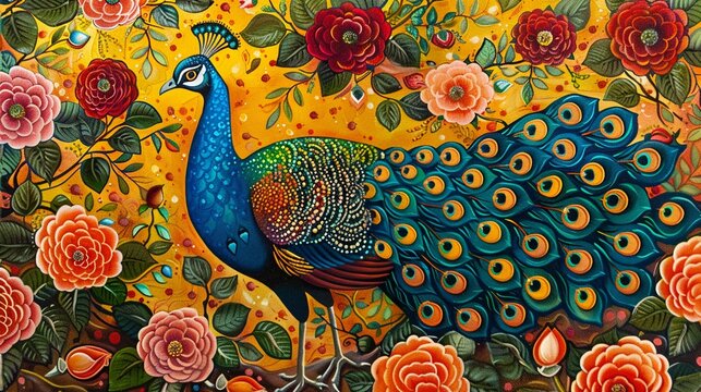 Traditional Madhubani peacock, Bharni style, surrounded by colorful roses, majestic and graceful, vibrant art