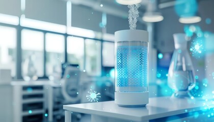 Air purification technology is tested in a sterile lab environment to evaluate its efficacy against airborne viruses, Sharpen close up hitech concept with blur background