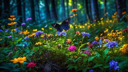Beautiful scenery with a butterfly flying through a forest rich in flowers and flora