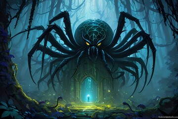 Halloween background with big spider fantasy digital art