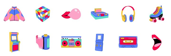 PNG Classic 80s-90s elements in modern style flat, line style. Hand drawn illustration: jacket, cube, lips, headphones, roller skate, cassette, recorder, camera roll. 