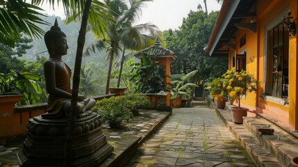 A Buddha statue standing in front of a traditional house in Vietnam.