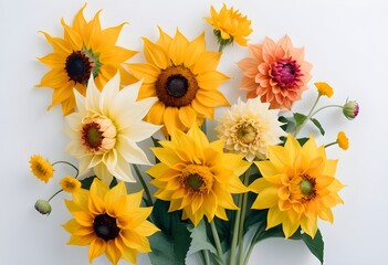 Bright and cheerful summer bouquet with sunflowers and dahlias on a white background