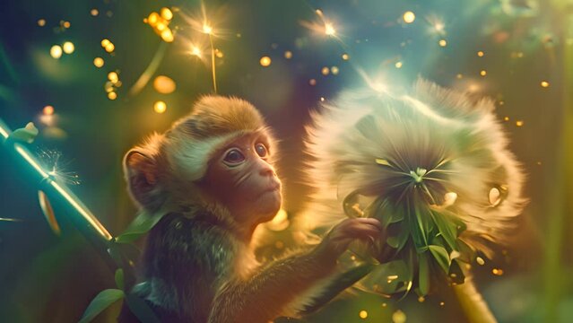 Curious Monkey Examining a Dandelion in Magical Light with Ai generated.
