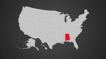 Alabama on USA map red outline shape blinking animation