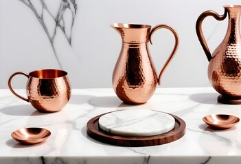 Luxurious copper drinkware set displayed on an elegant marble table. Perfect for entertaining or home decor