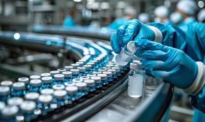 Pharmaceutical scientist wearing sterile gloves inspects medical vials on a production line conveyor belt in a drug manufacturing facility.