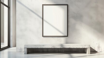 Galleryinspired minimalist design with one blank frame on a white textured wall above a concrete bench, creating a modern display space, 3D illustration