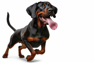 Full body thoroughbred dog with a humorous expression, sticking out its tongue Isolated on white background