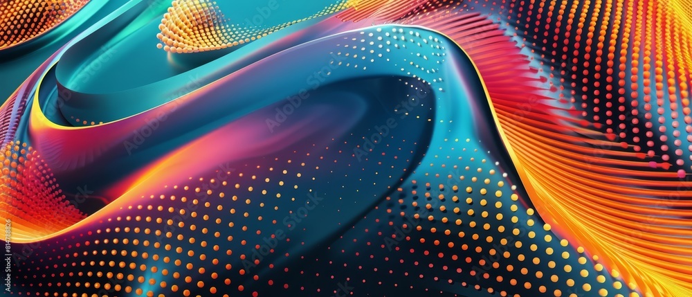 Poster background of colorful curve and lines blend with a halftone effect, producing a vibrant retrothemed