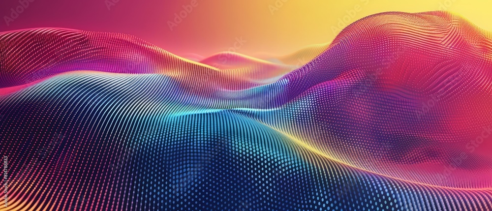 Poster background of colorful curve and lines blend with a halftone effect, producing a vibrant retrothemed