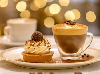 Gourmet desserts specialty coffee in elegant patisserie with hazy bokeh radiant background