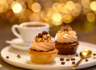Gourmet desserts specialty coffee in elegant patisserie with hazy bokeh radiant background