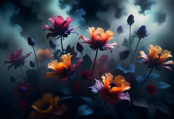 Vivid Bouquet of Colorful Flowers Against Dramatic Dark Background
