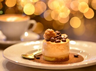 Gourmet desserts specialty coffee in elegant patisserie with hazy bokeh radiant background
