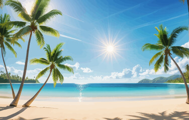 a beach with palm trees and a bright blue sky