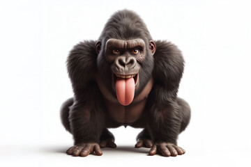 Fototapeta premium Full body Photo of a gorilla with a humorous expression, sticking out its tongue Isolated on white background