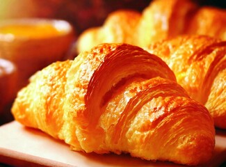 Homemade freshly baked croissant closeup. Patisserie production.
