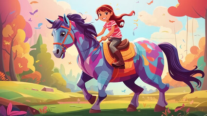 A girl with long brown hair is riding a purple horse with a blue mane and tail through a colorful forest.

