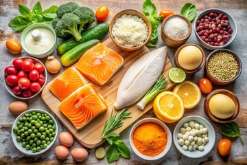 Healthy foods containing vitamin D. Top view