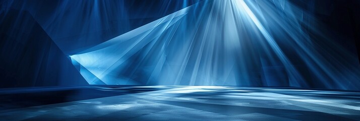 Abstract blue background with glowing light rays and sharp lines, creating an atmosphere of futuristic technology or digital space