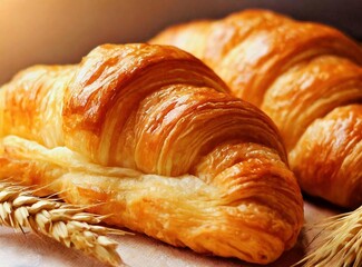 Homemade freshly baked croissant closeup. Patisserie production.