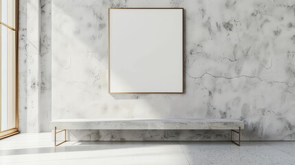 Interior design concept with one blank frame on a white textured wall over a minimalist concrete bench, gallery ambiance, 3D illustration