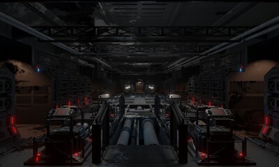 Naklejka premium General base of operations an abandoned interior with corridor in hallway 3d render science fiction wallpaper background