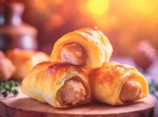 Puff or flaky pastry filled with cooked sausage meat, a traditional snack freshly baked.