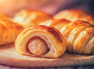Puff or flaky pastry filled with cooked sausage meat, a traditional snack freshly baked.