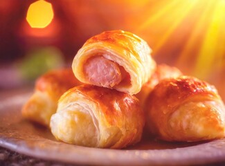 Puff or flaky pastry filled with cooked sausage meat, a traditional snack freshly baked.
