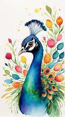 Fototapeta premium The peacock spread its tail, watercolor painting style, generative AI. 