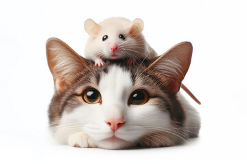 Mouse climbing on bored cat head. pet friendship concept on a white background