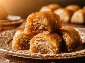 Typical Turkish food. Baklava puff pastry sweets. 