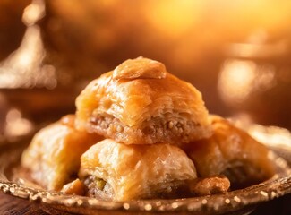 Typical Turkish food. Baklava puff pastry sweets. 