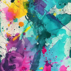 Bright abstract art with splashes of teal, purple, and yellow, evoking the vibrant chaos of Mardi Gras on a watercolor texture