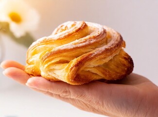 Young woman's hand holding a puff pastry palmier on a light background. Homemade bakery.