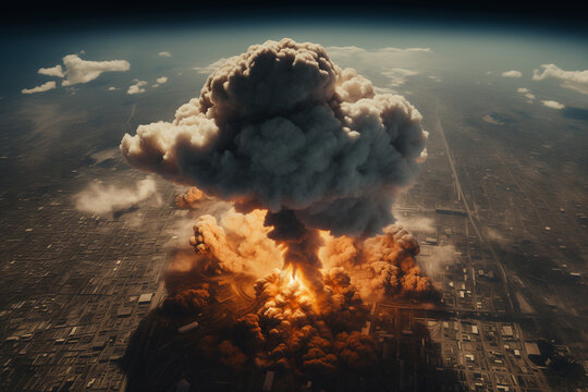 Nuclear warhead fell on the smoke and fire, view from space. Nuclear explosion of atomic bomb, nuclear war