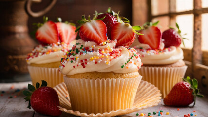 Sweet cupcakes with strawberry and colorful sprinkles