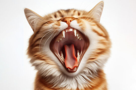 Cat roaring with laughter with a comical expression Isolated on white background
