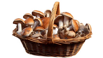 A basket of mushrooms with a transparent background.