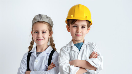 Two boy and girl kid as a professional, girl in doctor pose