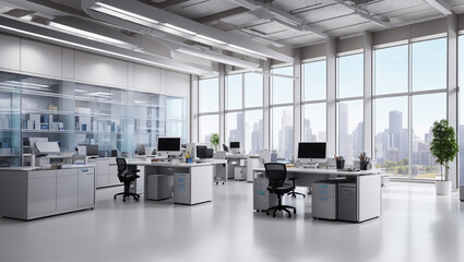 describes an office space with several workstations. 