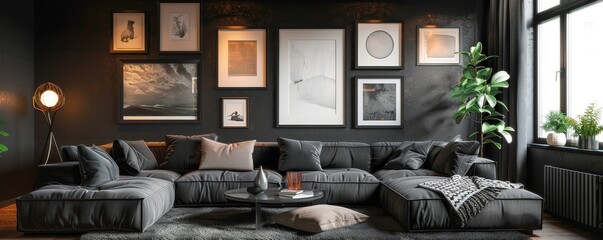 A dark and moody living room with a large comfortable couch, stylish coffee table, and eclectic artwork on the walls.