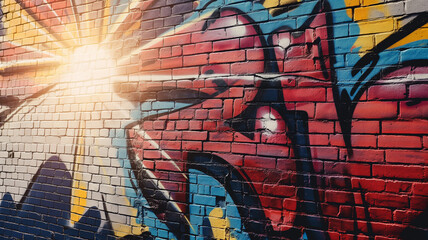 Pop art comic street graffiti with a lens flare on a brick wall. Retro poster concept.