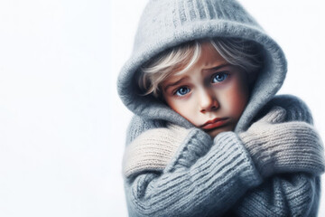 Frozen Sad child who is cold hugs himself Isolated on white background